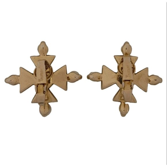 Trifari Gold Tone Clear Rhinestone Faux Pearl Maltese Cross Clip Earrings, M1003 - Picture 6 of 9